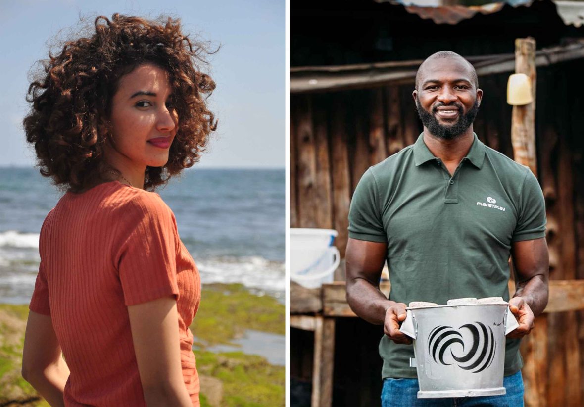 Left: A woman with curly brown hair wearing a red top turns to face the camera against a beach backdrop; Right: A man in a green T-shirt smiles to camera as he holds a metal container.
