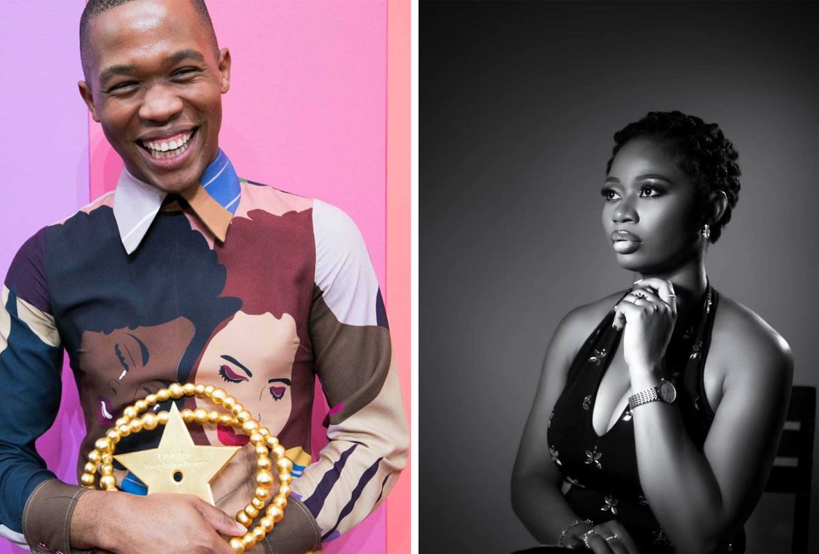 Left: A man smiles as he holds an award. Right: A black and white photo of a seated woman in a dress looking away from camera.