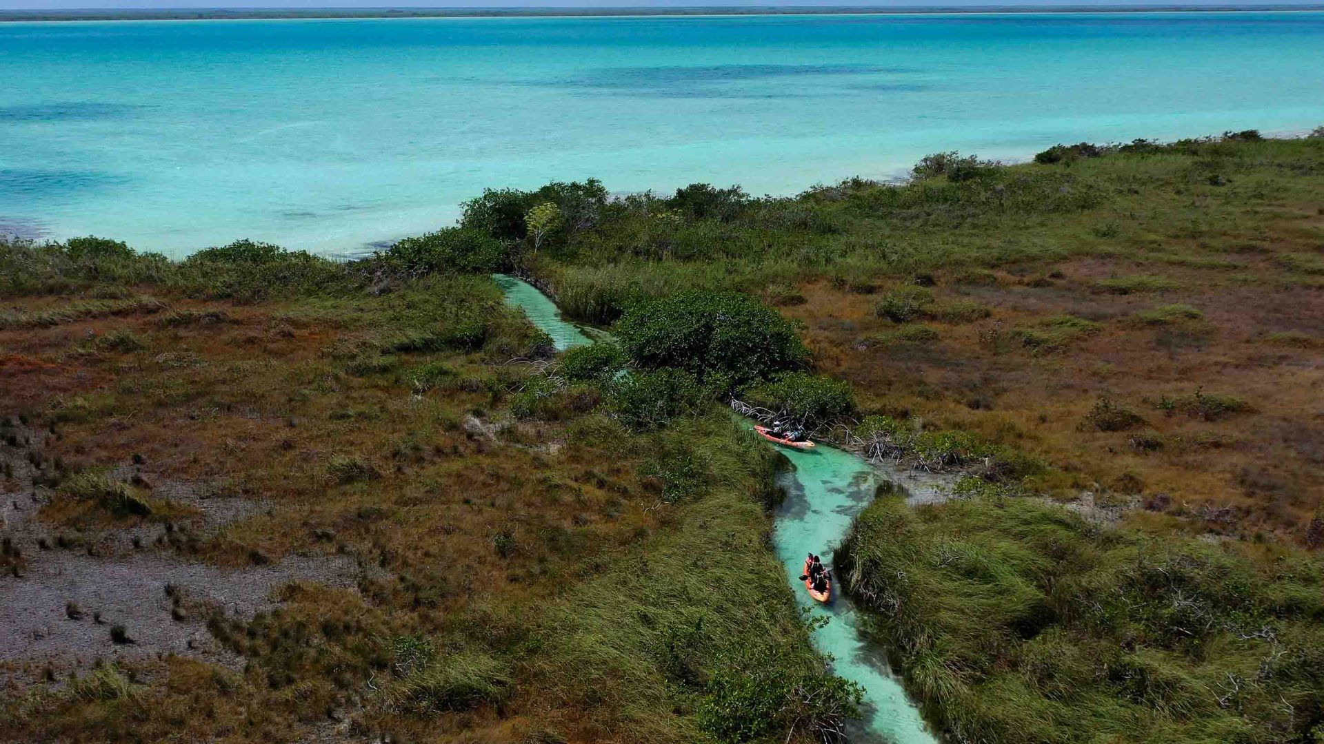 Kayaks go through a canal of blue water surrounded by forest.
