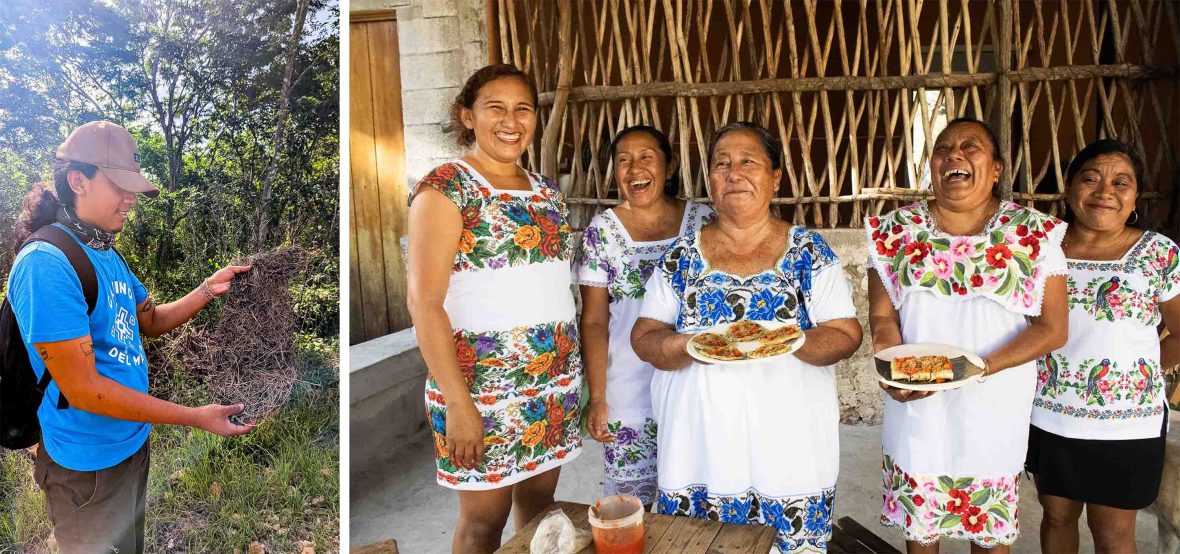 Left: A guide shows a birds nest. Right: Women stand ina line laughing and smiling. They hold food on plates.