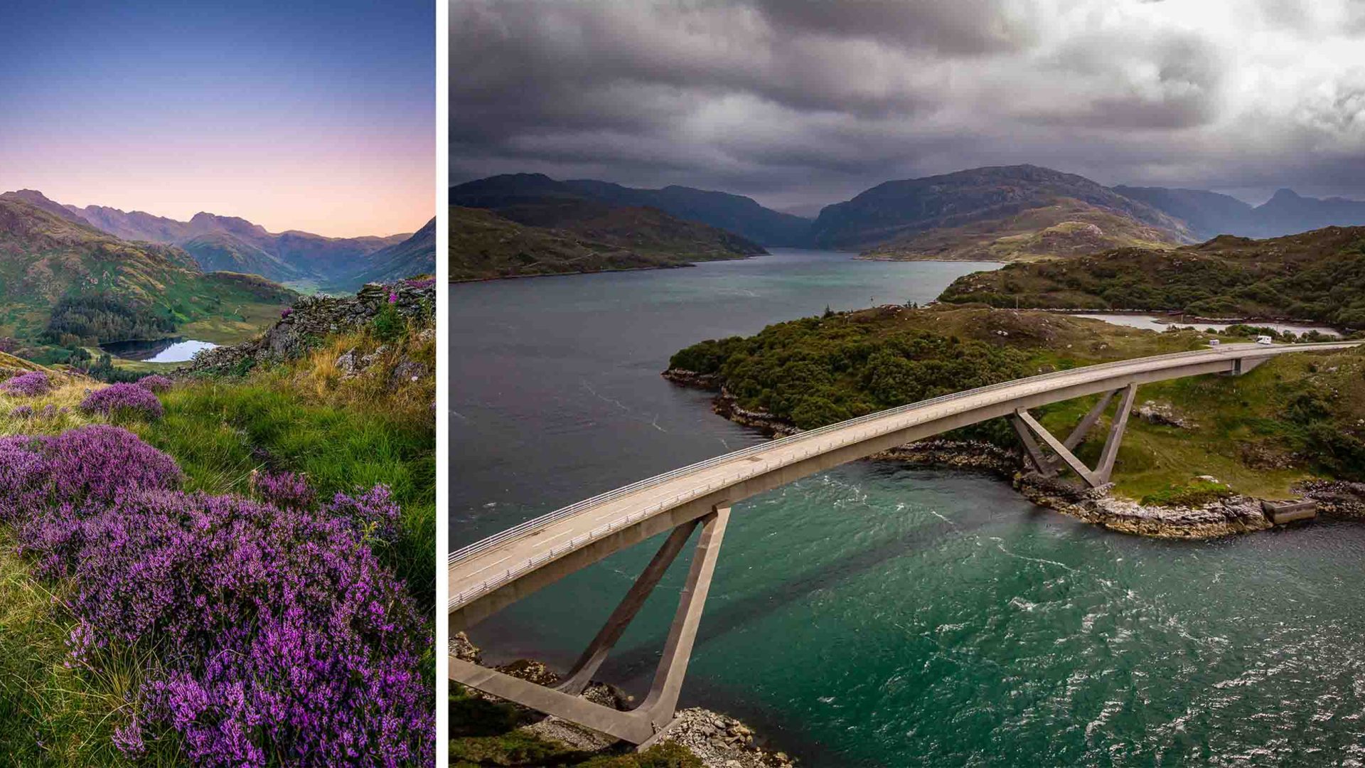 Left: Purple flowers and a green hill lead to a lake. Right: A bridge stretches over a lake with hills on all sides.