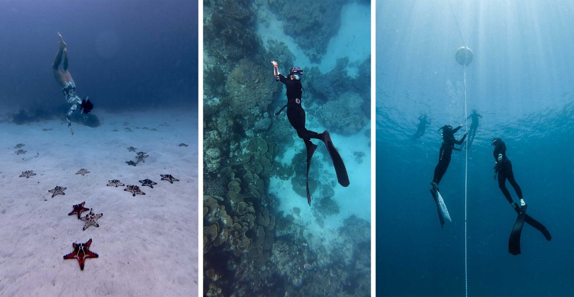 Three photos of people freediving under the sea. They are looking at coral in the first two photos and holding onto a line in the third.