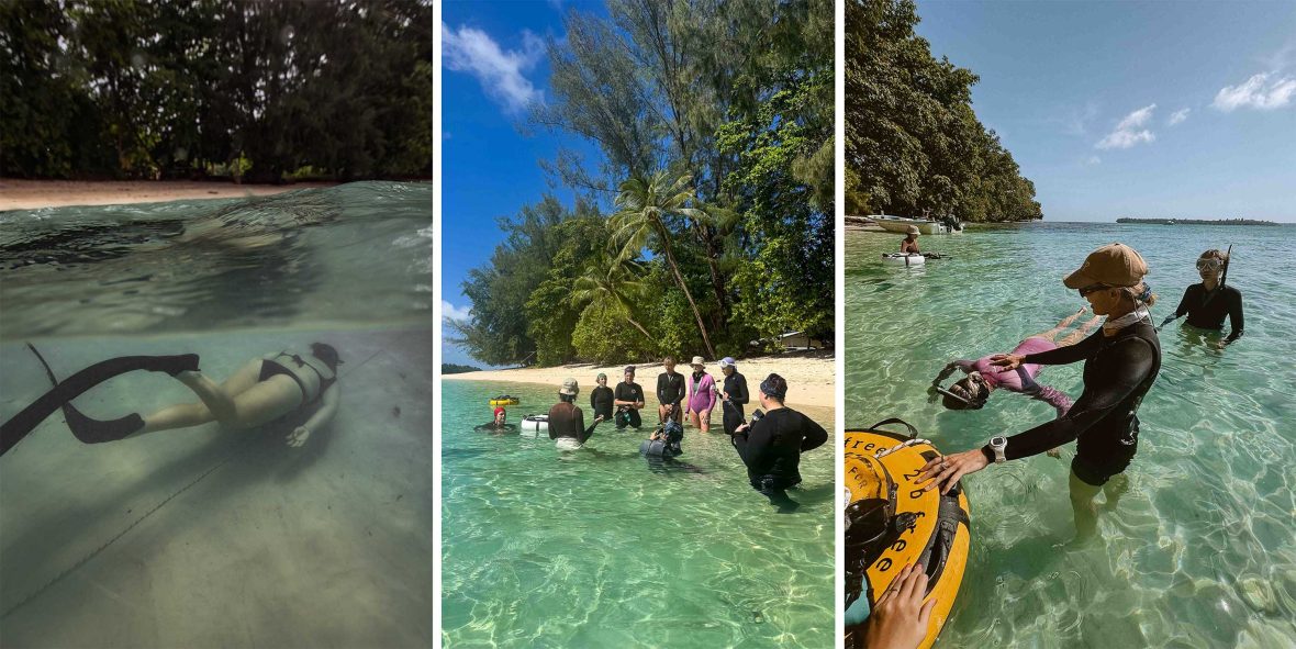 Three photos of freediving training. The first shows a person swimming in shallow waters below the surface. The remaining two show people standing in shallow water being given instruction.