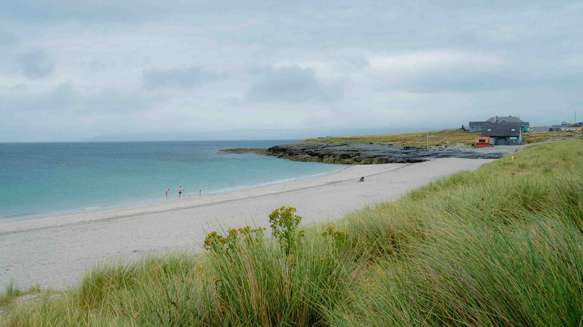 A white sand beach with calm blue water.