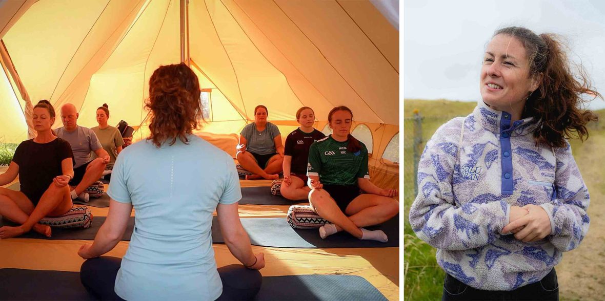 Left: People sit on the floor of a tent and learn yoga. they are on mats and sit cross legged. Right: A woman smiles by the sea.