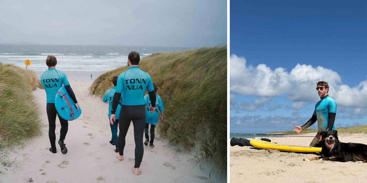 Left: Four men in blue matching branded surf shirts, carry their boards toward the sea. Right: A man kneels down with his dog by a surfboard.