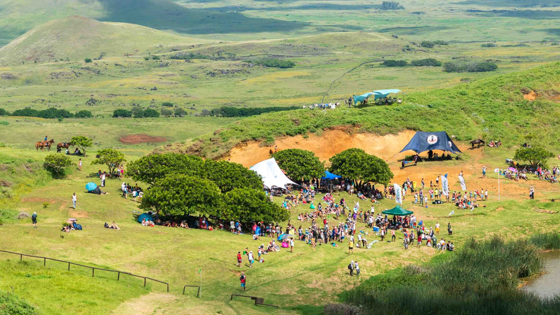 People attend a festival in some fields.