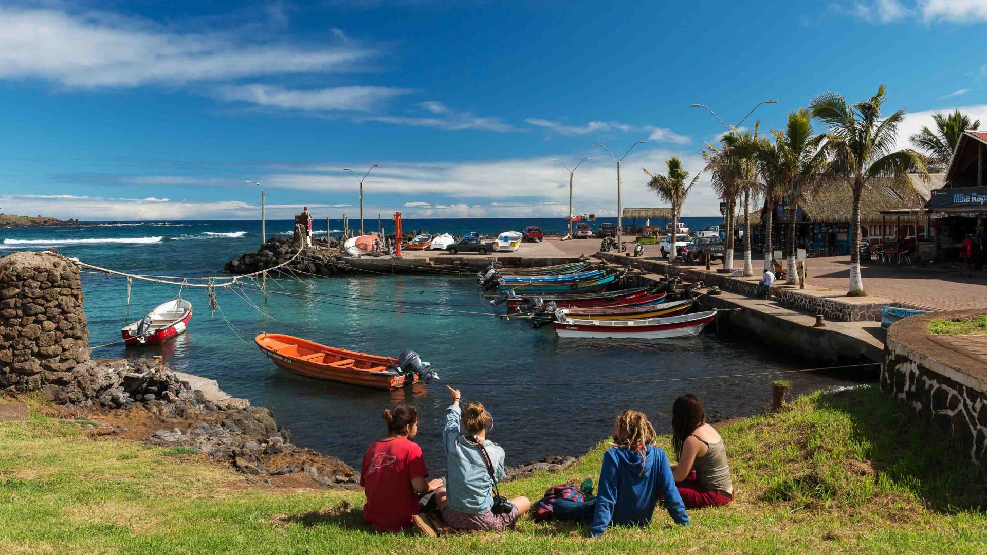 People look out over a port with small boats in it.