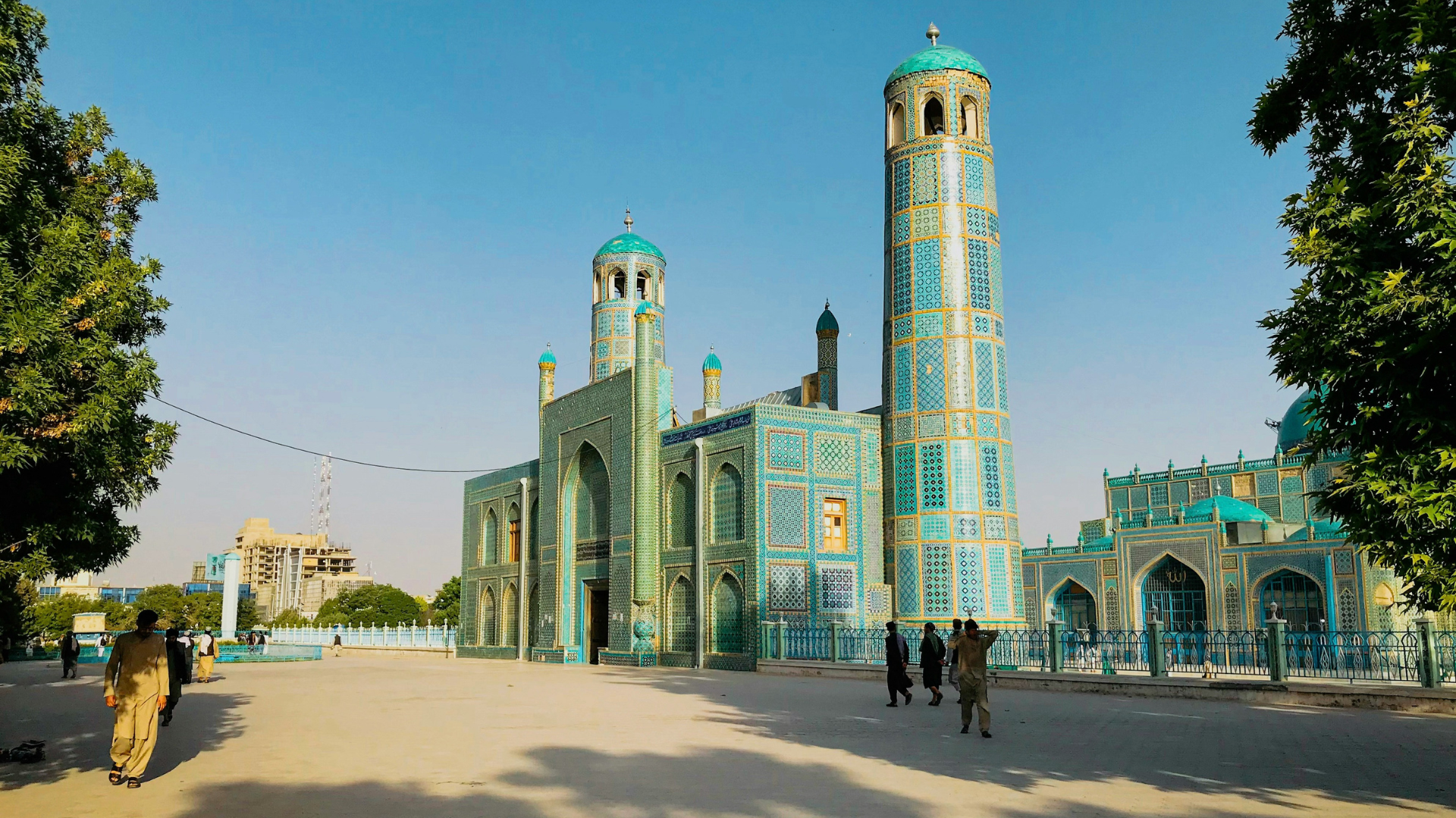Blue shrine under blue skies.