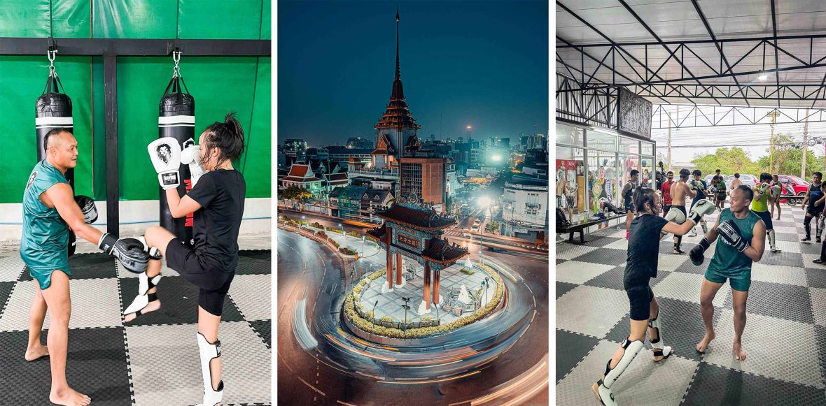 Left and right: A woman and man box each other. Middle: A roundabout and buildings at night in a city.