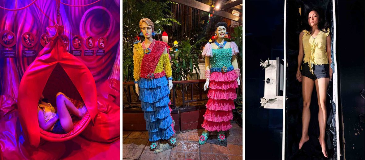 Left: A woman in a foetal position inside a red and pink fake womb. Middle: Two mannequins wearing colourful outfits made of condoms. Right: A woman lies in a coffin.
