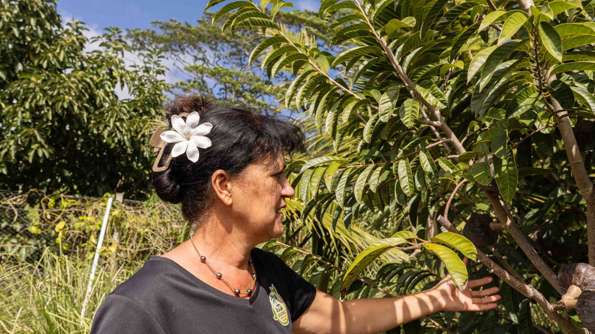 A woman with a frangipani flower in her hair points out plants in a garden.