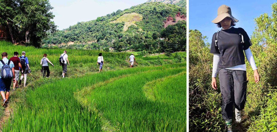 Left: Tourists walk along a green rice field trail. Right: A woman in a hat walks down a steep embankment.