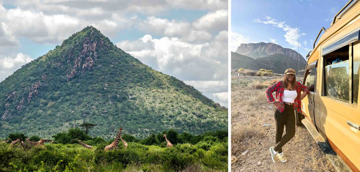 Left: Giraffes in front of a hill. Right: A woman leans against a safari vehicle.