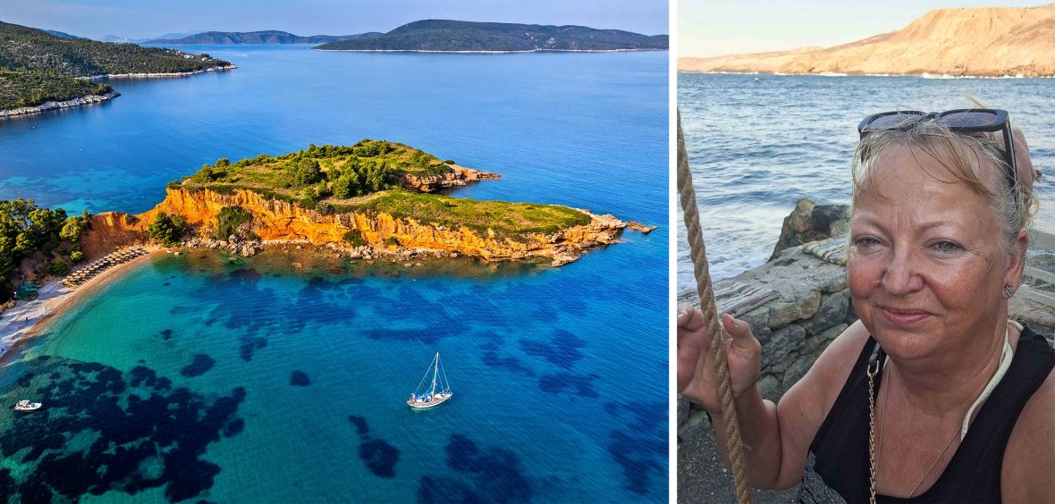 Left: An aerial view over an island surrounded by blue water. Right: A woman in front of the water.