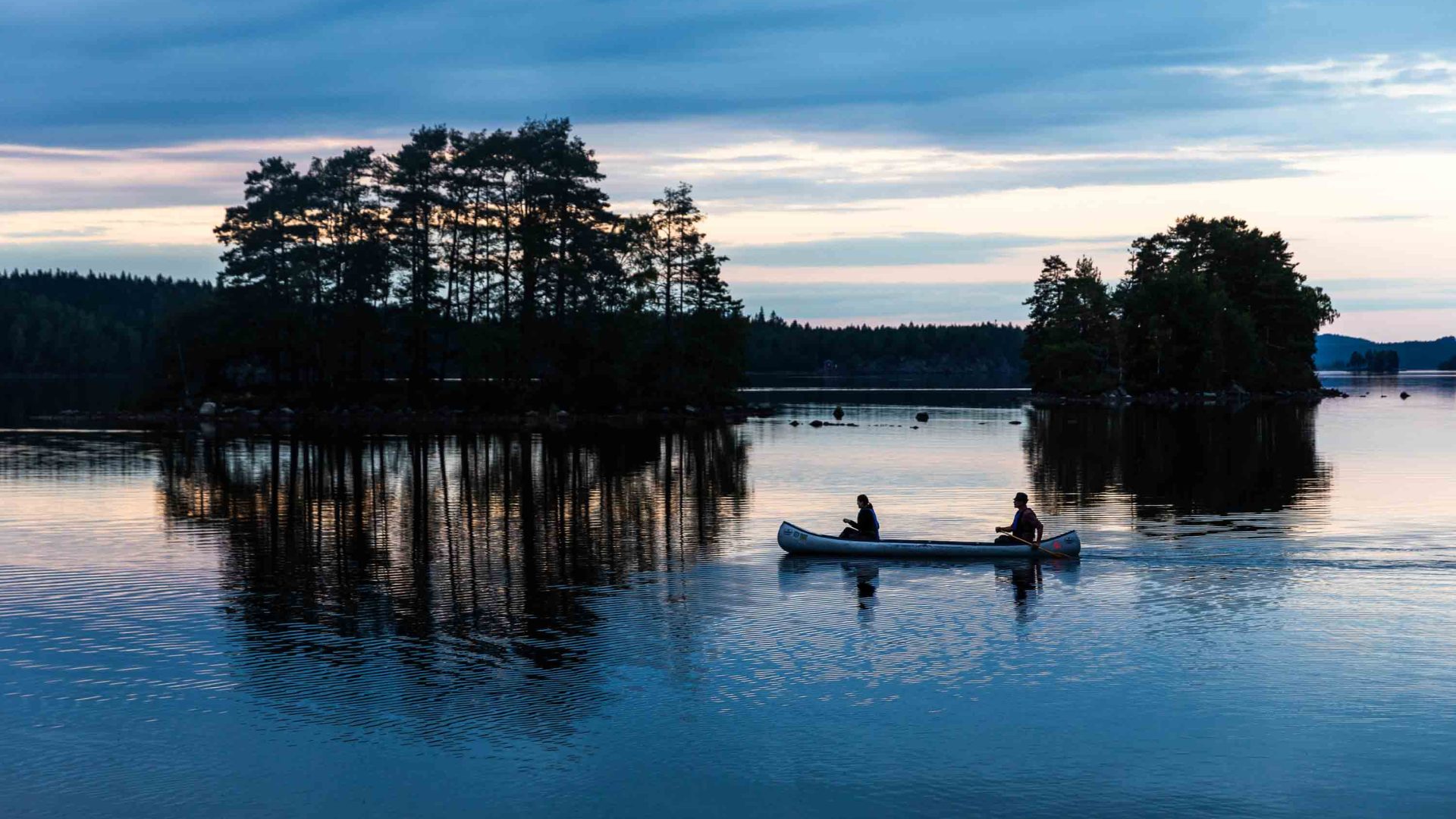 Two people kayak toward trees in a river at dusk.