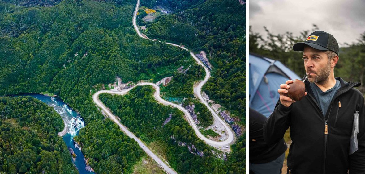 Left: A drone photo of a road through forest that leads to a river. Right: A man in front of a tent drinks mate.