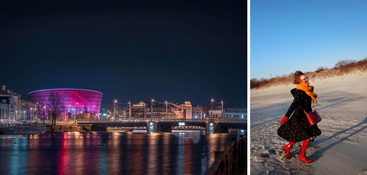 Left: A city lit up at night by a river. Right: A woman in a dress laughs on a beach.