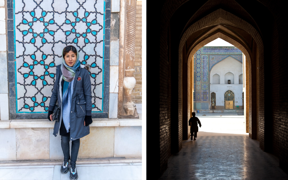 Left: Woman wearing scarf stands in front of blue mosaic wall; Right: Silhouette walks down shadowed archway.