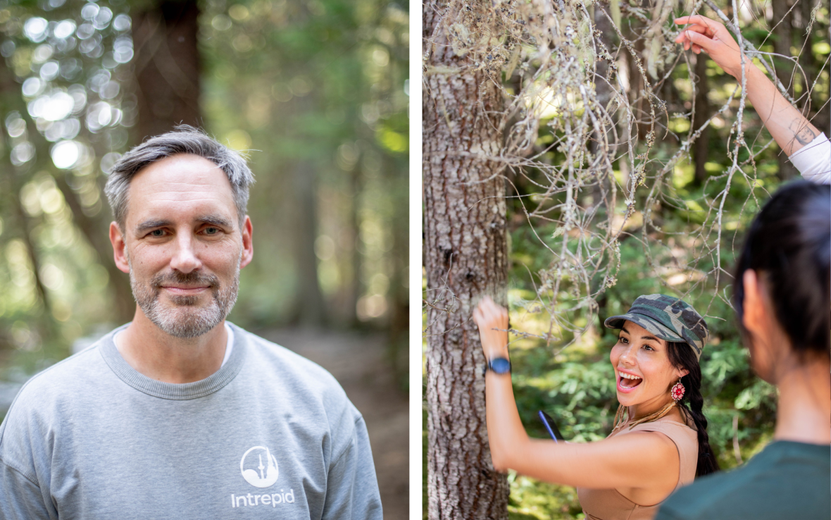 Left: Man wearing grey 'Intrepid' sweater; Right: Woman laughs while touching tree