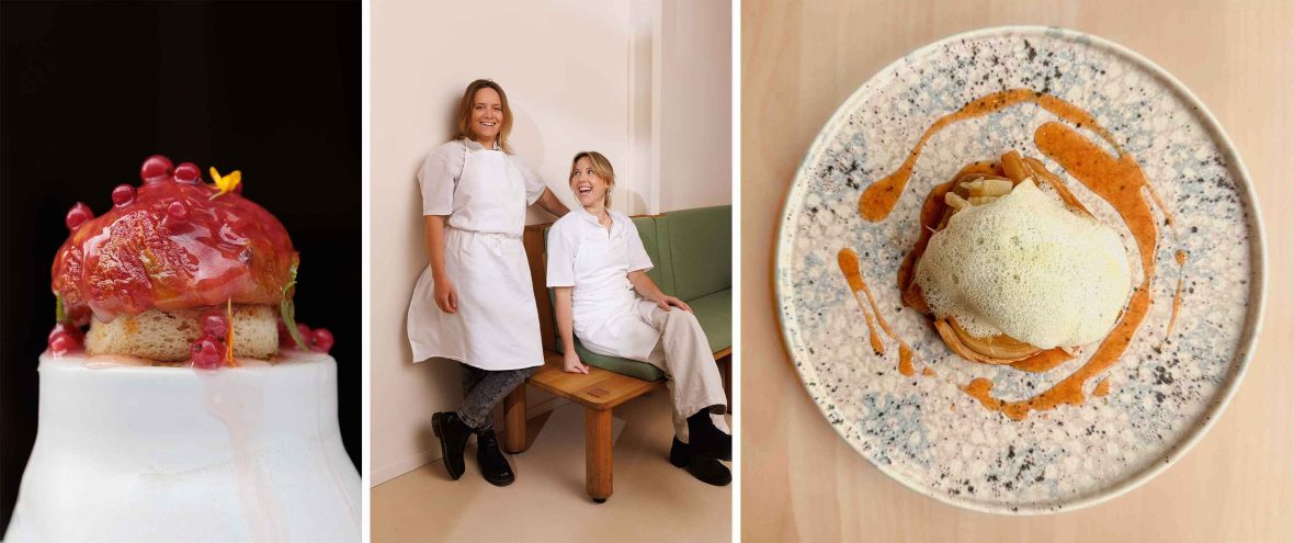 Left: A tomato based sauce is tipped over food on a tall white dish. Middle: Two women with blonde hair smile to camera. One stands against a wall, the other is seated. Right: A dish, seen from above, of monkfish.