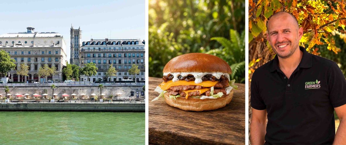 Left: Umbrellas at a restaurant on the river Seine. Middle: A burger. Right: A man smiles for a portrait.