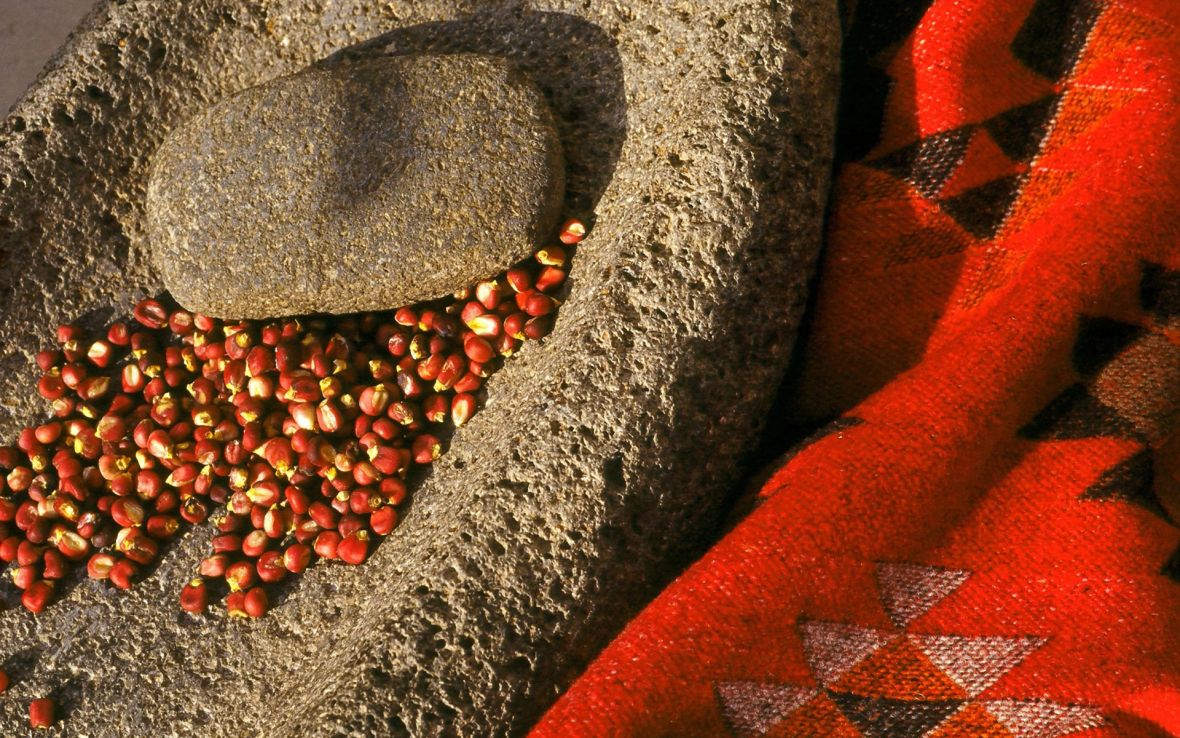 Red corn in stone mortar and pestle