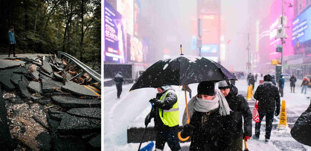 Left: A part of a road has cracked and broken away. Right: People with umbrellas and scarves over their faces move through an extreme snow storm in a city.