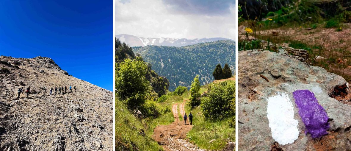 Three photos of a hiking region. Left: People walk in single file across a barren rocky mountain. Middle: Two people walk through a picturesque valley toward a mountain. Right: Purple and white trail markers on a rock.