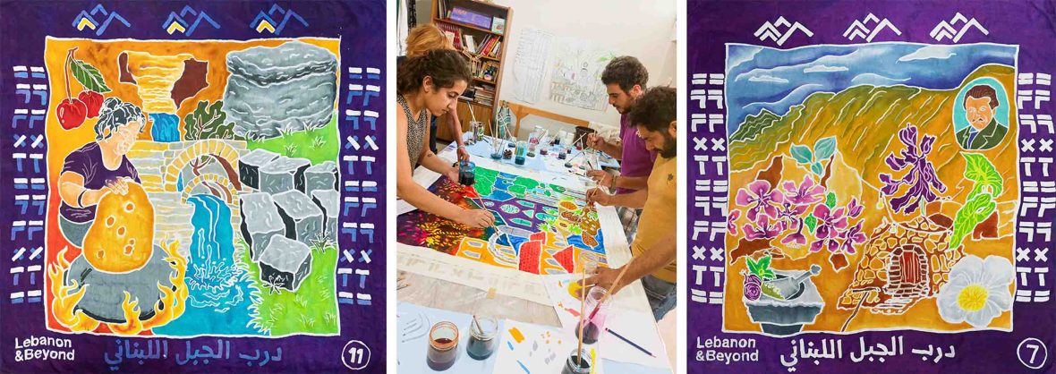 Two photos of colourful silk flags and one photo of people working on their creation, seated around a table.
