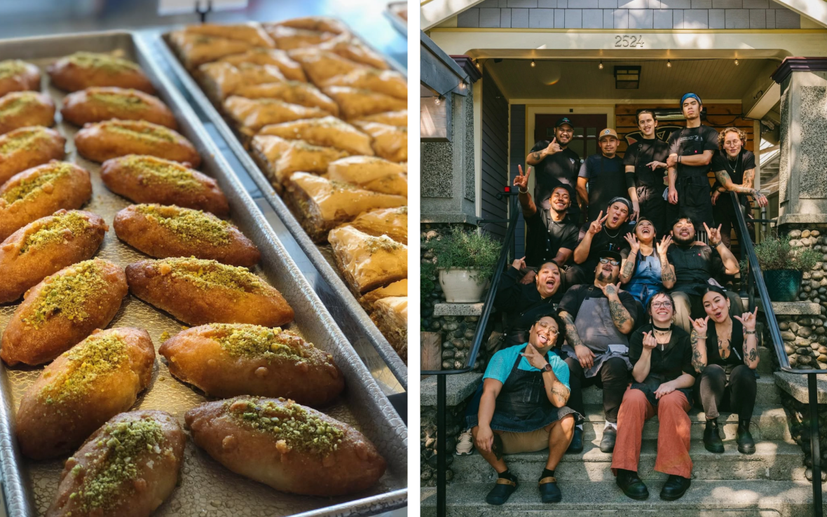 Left: Cookies with pistachio crumb; Right: Group of hospitality workers pose for photo on porch steps
