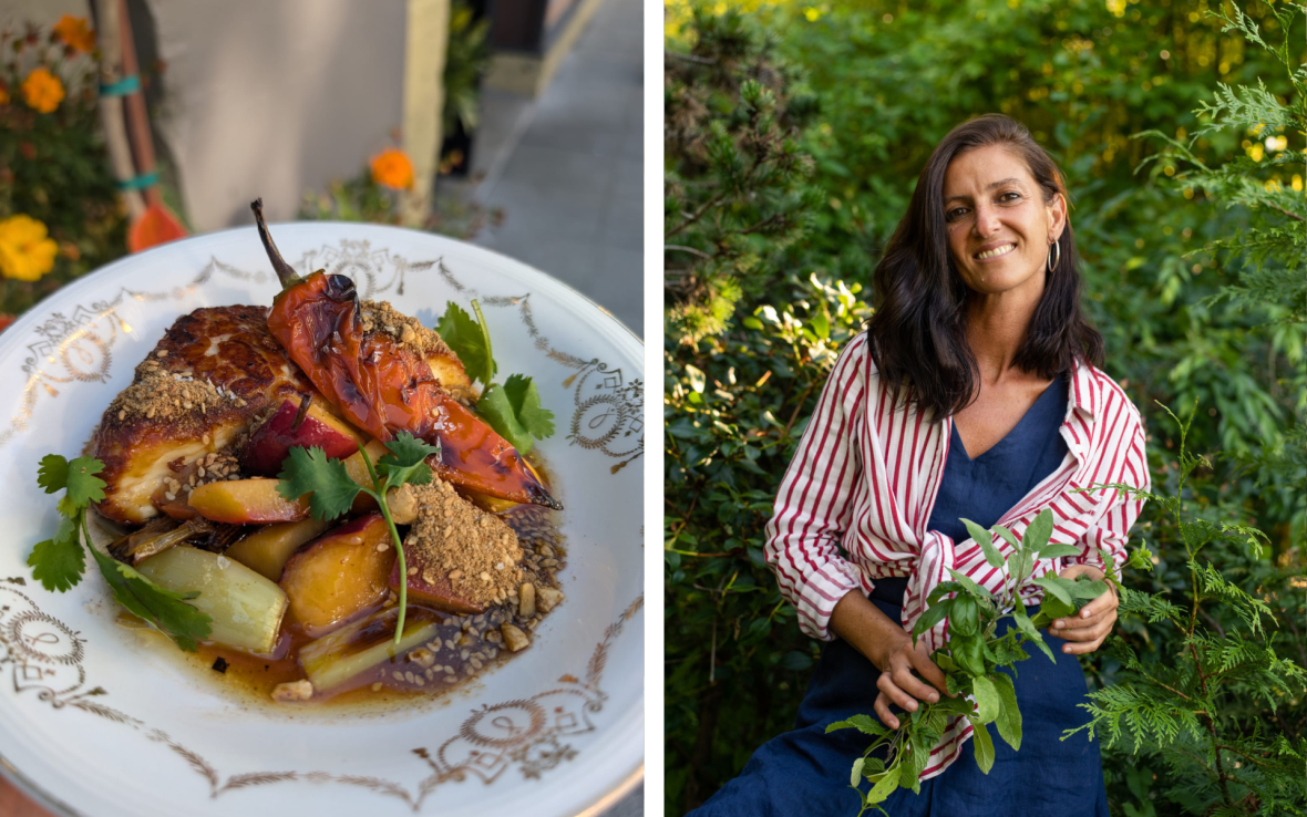 Left: White bowl with halloumi cheese; Right: Woman holds fresh herbs