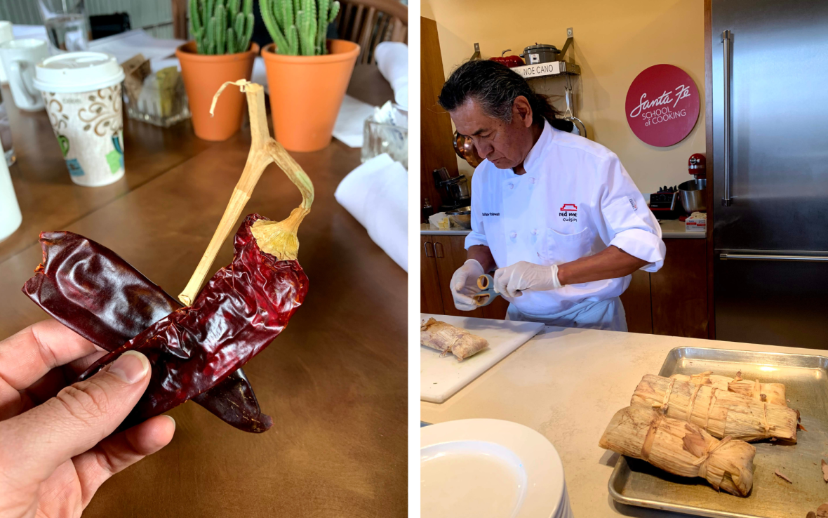 Left: Hand holds red chilis; Right: Man in white chef coat stands in kitchen
