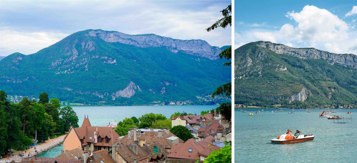 Left: Houses and trees on the shore of a blue lake. Rigt: People in peddle boats on a ble lake with a hill in the background.