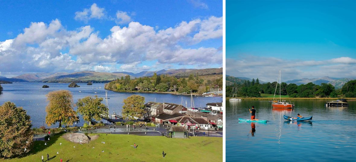 People enjoying a lake with kayaks, stand up paddles and a park on its shore.