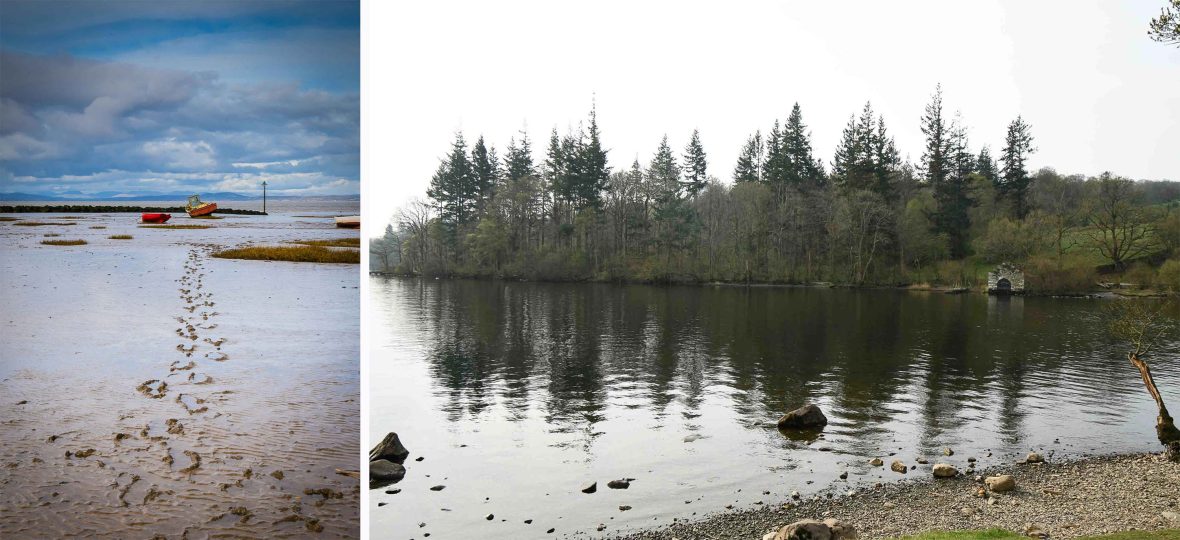 Left: Mud banks lead to boats in a still low tide lake setting. Right: Brown water of a lake with dull green and brown trees on its banks.