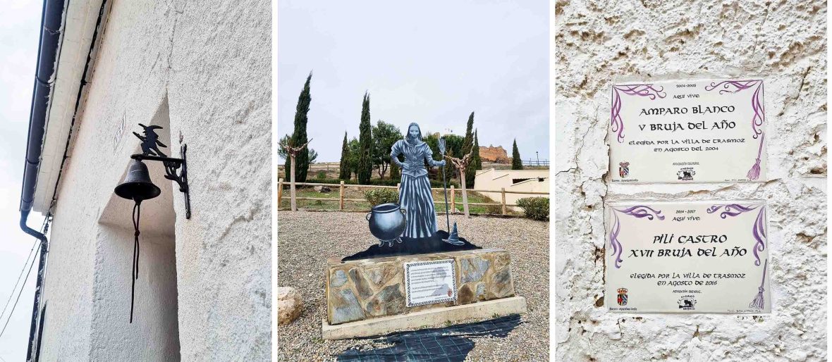 Left: A witch on a lamp in the street. Middle: A sculpture of a witch with a cauldron. Right: A sign outside a house reads 'witch of the year'.