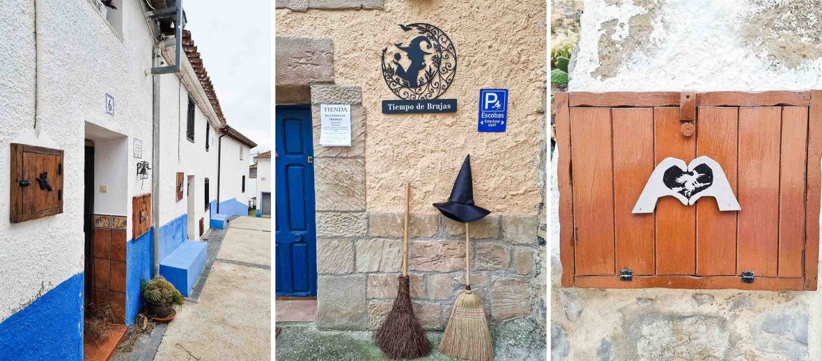 Three photos showing various witchcraft icons in the streets and on doorways of the village.
