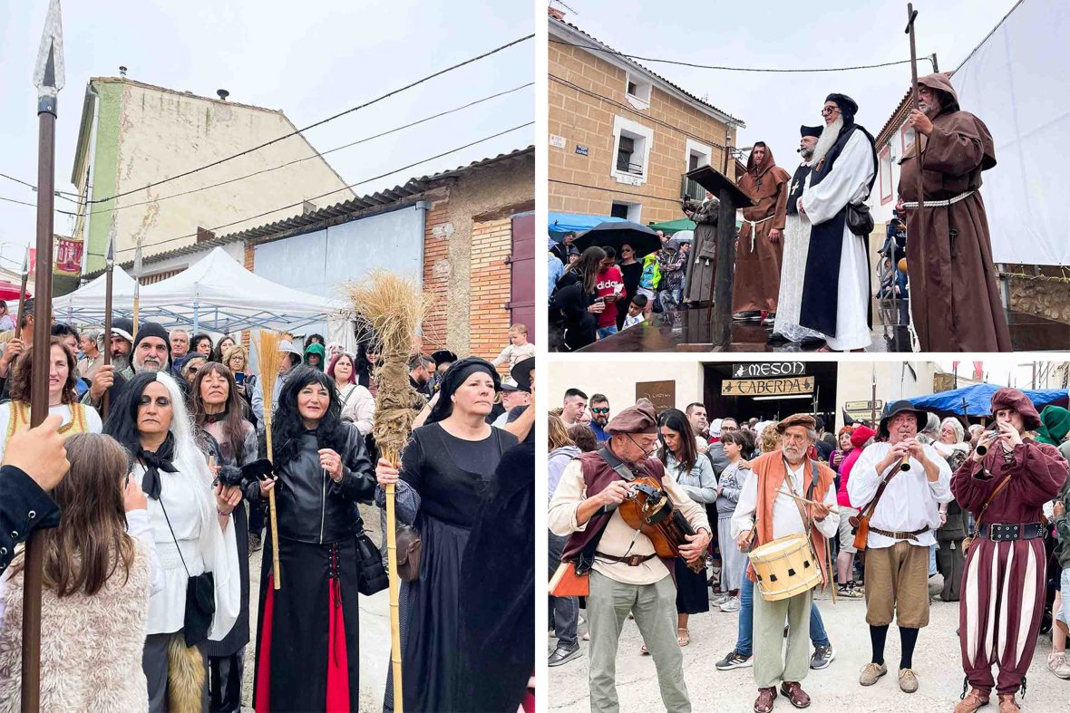 Three photos show people dressed up in witch and similarly themed clothing in a fair environment, playing music and on stage.