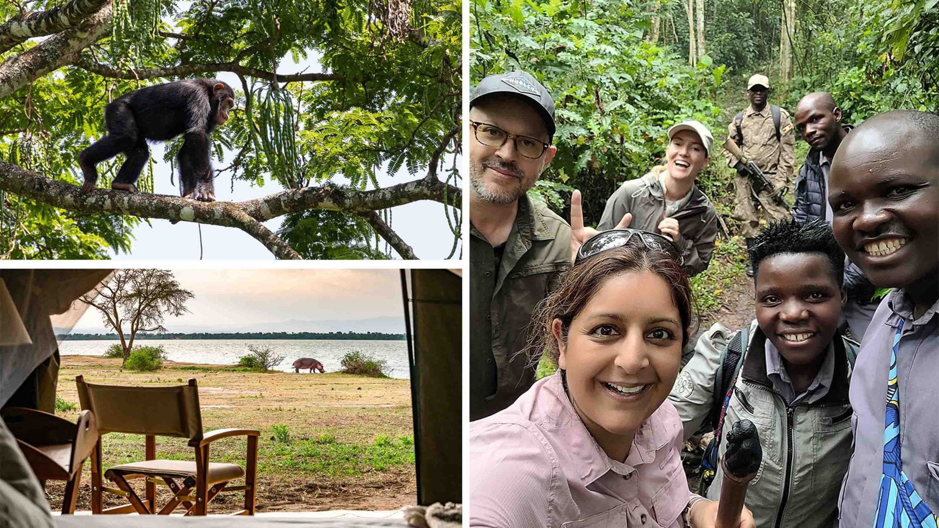 A chimp in Kyambura Gorge; The writer with a group of rangers, trackers and fellow travelers